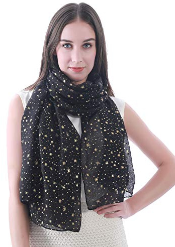 Lina & Lily Sciarpa Stola Donna con Stampa Stelle Metalliche (Nero (Stelle D'oro))