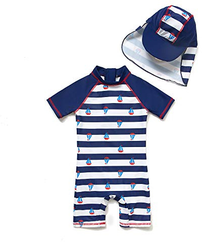 BONVERANO Bañador de una Pieza para bebé recién Nacido, Mangas largas, protección UV 50+, bañador con Cremallera(Azul-velero,3-6meses
