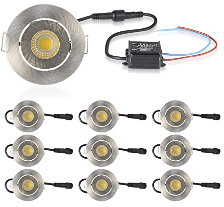 JOYINLED Mini LED Einbaustrahler 10X 3W Warmweiß LED Deckeneinbaustrahler IP65 COB Deckenspots Aluminium LED Deckenspots für Weinschrank Schrank Küche Wohnzimmer(Satin Nickel, 6000K)