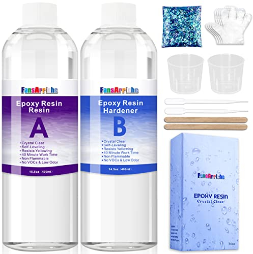 FansArriche Epoxidharz – 800 ml/850 g kristallklares Epoxidharz zum Gießen und Beschichten – einfache Mischung im Verhältnis 1:1, transparentes 2-teiliges Harz für Tischplatten, Trinkgläser, Schmuckhe