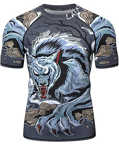LAFROI, CLY08, Maglia protettiva rash guard da uomo, a maniche corte, con UPF 50+, a compressione, Lupo mannaro, L