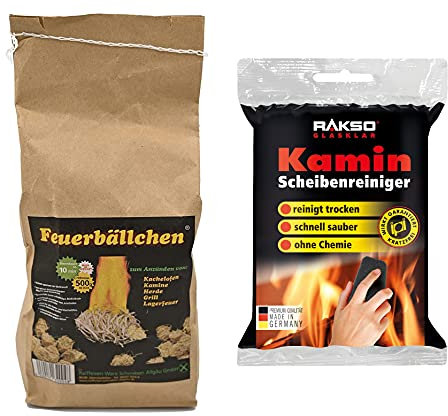 RaiffeisenWaren - Palline di fuoco da 0,5 kg (accenditore per barbecue, accenditore per camino, lana ecologica in prodotti naturali) + 1 detergente per vetri RAKSO (detergente senza prodotti chimici)