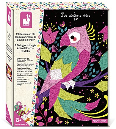 Janod - Coffret Fils Tendus - Animaux de la Jungle - Les Ateliers Déco - Kit Loisirs Créatif Enfant - 2 Tableaux à Réaliser - Motricité Fine et Concentration - Dès 8 Ans, J07970