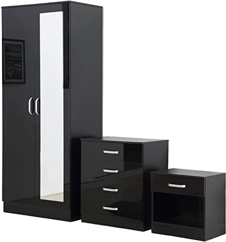 AFN Gladini Bedroom Furniture Sets for Bedroom Storage High Gloss Home Closet 2 Door Wardrobe with Mirror and 4 Drawer Chest and Bedside Cabinet (Black)