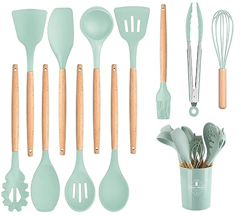 Silicone Kitchen Utensils Set with Holder 12 PCS Cooking Utensils Set with Wooden Handle Heat Resistant Kitchen Gadgets Utensil Set Kitchen Accessories (Green)
