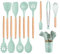 Silicone Kitchen Utensils Set with Holder 12 PCS Cooking Utensils Set with Wooden Handle Heat Resistant Kitchen Gadgets Utensil Set Kitchen Accessories (Green)