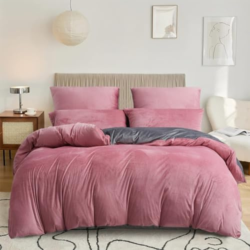 DXHOME Juego de ropa de cama 135x200cm Rosa Rosa Viejo Gris Suave Cálido Coral Fleece Franela Invierno Suave Microfibra Juego de Ropa de Cama Color Liso Funda Nórdica con Cremallera + 1 Funda de