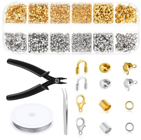 DIVINA VITAE Crimp Bead Kit for Jewelry Making - 1200 Pcs Crimp Beads, Crimp Caps, Crimp Tubes and Wire Guards, Lobster Clasps, Jump Rings, Crimp Pliers and Crimp Wire for Jewelry Making(Silver，Gold)