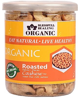 Blessfull Healing Organic Natural, Vegan Sweet Thai Chilli Roasted Halves/Pieces Cashew Nuts Crunchy Kaju 250 Gram