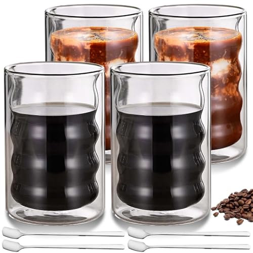 Juego de 4 vasos de doble pared para café latte macchiato, 400 ml con 4 cucharas, juego de tazas de café en espiral de cristal para capuchino, latte, té, helado, té helado, helado americano y leche