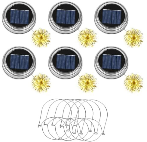 Adiwo 6 Pezzi Lanterna Solare da Esterno Parti di ricambio, Catena luminosa da 2 m con 20 LED, Viene fornito con 6 maniglie, Lanterne Solari esterno Barattolo di vetro Luci Solari Giardino