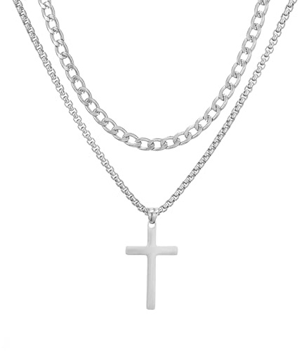 AFSTALR Collier Croix Homme, Acier Inoxydable, Chaîne et Boîte Cubaine avec Pendentif Croix, Argent 50/55cm, Cadeau de d'anniversaire, Bijoux Chrétienne Hommes