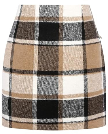 WIFFGO Womens High Waisted Plaid Skirt Fall Winter Mini Wool Bodycon Pencil A line Skirts, A-khaki, M
