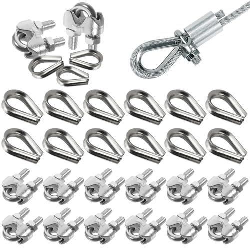 Prmape 24 Piezas Abrazaderas de Cable 6mm, 12pcs Abrazadera de Cuerda de Alambre+12pcs Dedal de Cuerda de Alambre, Tensor Cable Acero M6 para Cable de Cuerda 6mm