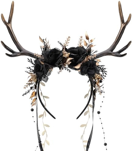 MOSTORY Black Flower Reindeer Headpiece - Dark Floral Antlers Headpiece for Goth Cosplay Dark Fairy Costume, Gothic Deer Horns Headband with Vine for Renaissance Accessories Women Witch Aesthetic