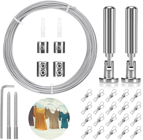 Tiusixty Corde à Linge 5m, Corde Exterieure avec 20 Clips, Fil de Tension et Photo, pour Rideaux et Suspendre Vêtements en Jardin