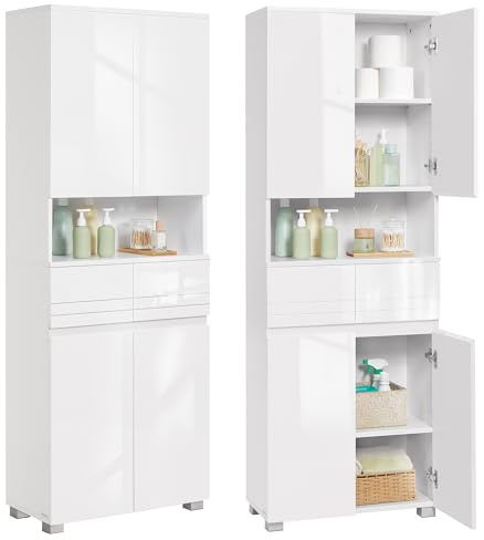 VASAGLE Armoire de Salle de Bain, Meuble de Rangement, Colonne, avec 2 Tiroirs, Étagères Réglables, Compartiments, 30 x 60 x 170 cm, Blanc Nuage BBC563W01