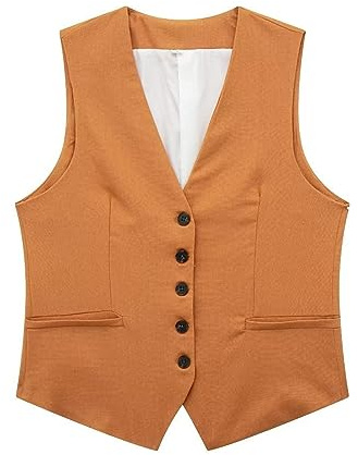 Gilet da donna elegante, senza maniche, in lino, da donna, corto, in cotone, con scollo a V, con bottoni, da donna, estivo, in tinta unita, per affari, Colore: arancione., XS