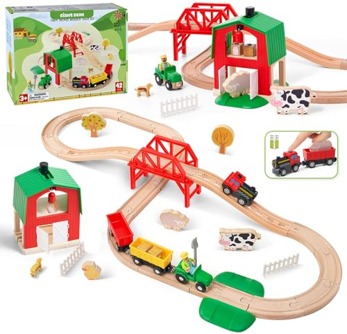 Giant bean Juego de tren de madera para niños pequeños, 42 piezas con temática de granja, juguete para niños, niños y niñas de 3 a 7 años