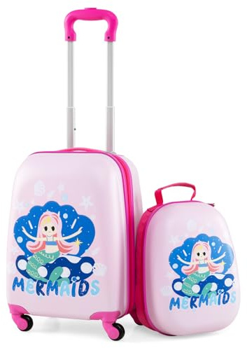 COSTWAY Kids Luggage Set, 2Pcs Backpack & Suitcase with Wheels and Height Adjustable Handle, Hard Shell Travel School Trolley Case for Boys Girls (Pink, 12+16 Mermaid)