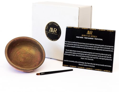 Aker Fassi Lip & Cheek Tint – 100% Natural Moroccan Beauty Elixir | Handmade from Poppy Petals & Pomegranate Rind | Terracotta Lip Bowl from Fez – Organic, Vegan, & Cruelty-Free