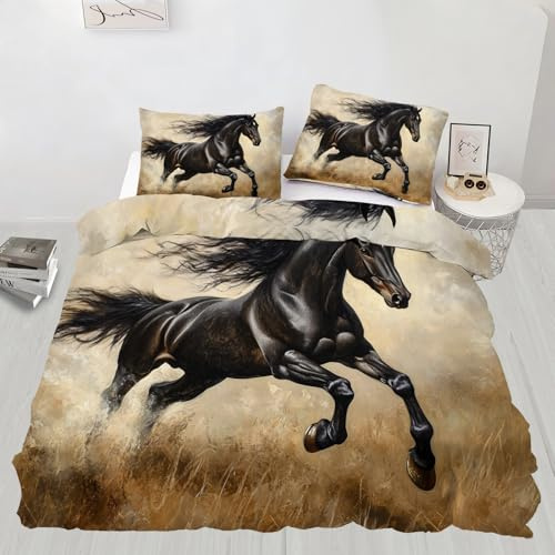 Juego de ropa de cama individual con diseño de caballo, juego de funda de edredón de 3 piezas con estampado de animales para adolescentes, niños y niñas (135 x 200 cm)