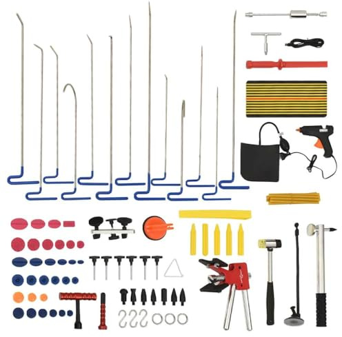 Teenpull Set di 80 attrezzi per la rimozione delle ammaccature in acciaio inox, con cuneo pompa 165 x 165 mm, martello scorrevole 44 cm, con pistola per colla, targhetta di fissaggio a LED, versatile
