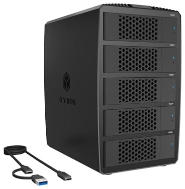 ICY BOX 5-facks RAID-kabinett för 2,5/3,5 HDD/SSD, USB-C DAS-lagring med USB 3.2 Gen 1 (5 Gbps), HotSwap SATA III Enclosure, 0/1/3/5/LARGE/SINGLE-lägen, IB-RD3705-CU3, Heart RAID 3705