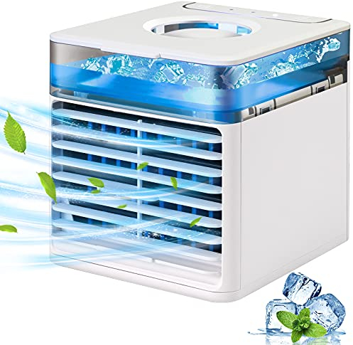 Mini Air Cooler, JIMACRO Condizionatore D'Aria Portatile, 4 in 1 Ventilatore USB Dello Scrittorio Umidificatore e Purificatore con 7 Led Colori e Serbatoio D'Acqua per Casa e Ufficio