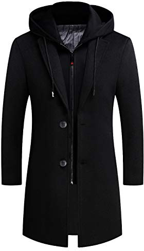 iCKER Mens Trench Coat Winter Wool Blend Jacket Overcoat Long Top Coat Warm Pea Coat-1908-Black 1-M