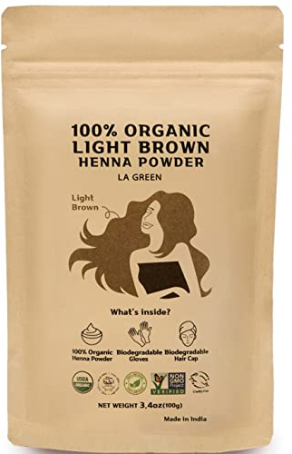 LA GREEN 100% Organic USDA Light Brown Henna Powder For Hair Dye - Natural Hair Color, Best For Hair, Soft Shiny & Healthy Hair, No Chemical or Additive, Including application gloves & hair cap - 100g