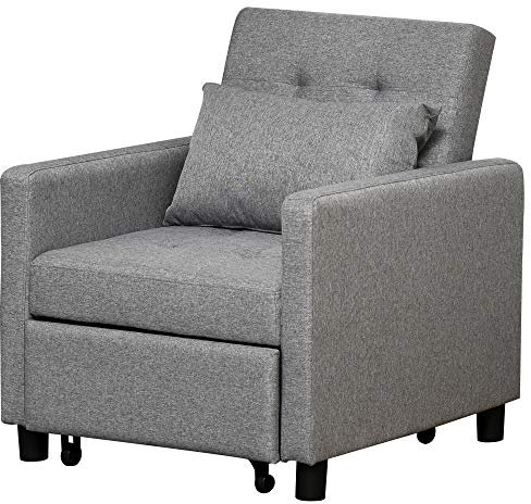 HOMCOM Fauteuil chauffeuse canapé-lit Convertible 1 Place Dossier inclinable à 3 Positions avec accoudoirs Coussins Conforts Gris