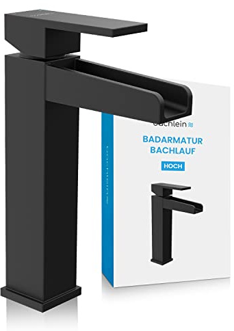 Bächlein High Tap for the Bathroom in Stream Design, Extra High Single-Lever Mixer with Installation Set for Countertop Washbasin, Matt Black Bathroom Faucet