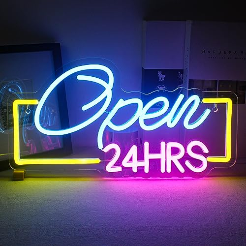 Horseneon Open 24HRS Neon Schild,Led Neon Open Sign Open 24 Hours Leuchtreklame für Wand,Bunt Neon Licht für Hotel Club Café Bar Büro Einkaufszentrum Spielzimmer Restaurant Shop Sign Dekor