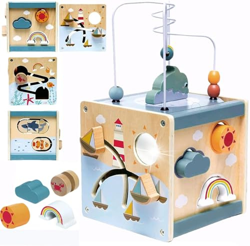 Cubo Multiattivita Legno 6 in 1 Giochi Montessori Gioco con Perlina Labirinto Puzzle Giocattolo di Apprendimento Precoce Cubo di Abilità Motorie in Legno Regalo per Ragazzi e Ragazze di 1 2 3 Anni