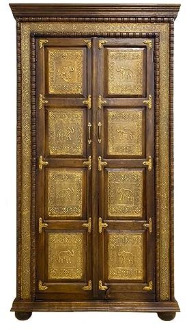 Schrank Vanita Indischer Schrank aus Mangoholz mit Schnitzerei und Brass Oriental Schlafzimmer Braun Gold 180 cm