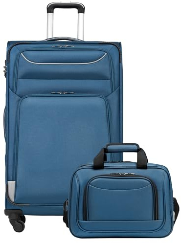 COOLIFE Koffer Trolley Koffer Reisekoffer von 4 Rollen Stoffkoffer Handgepäck TSA-Schloss Der Koffer Enthält 1 Große Umhängetasche (Großer Koffer-Set 2tlg, blau+Silber)