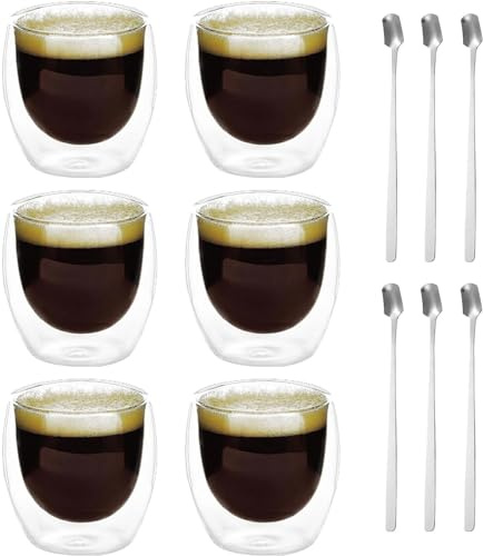 Verres à latte macchiato : lot de 6 tasses à expresso à double paroi de 80 ml avec 6 cuillères, tasses à cappuccino, tasses à café, café glacé, tasses à café glacé, tasses à café isotherme, tasses à