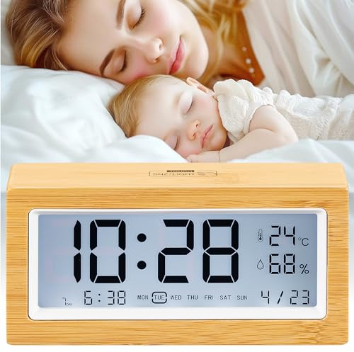 Navaris Sveglia Digitale da Comodino - Orologio da Tavolo Luminoso - Orologi Digitali Scrivania - Sveglie in Legno a Pile - Smart Design - con Calendario Temperatura e Umidità