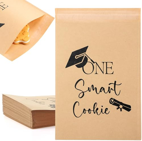 Mooliwe 100 Pack 2026 Graduation Candy Cookie Gift Bags One Smart Cookie Self-adhesive Buffet Treat Bags Kraft Paper Congrats Grad Party Favors for Graduation Party Decoration Supplies(Brown)