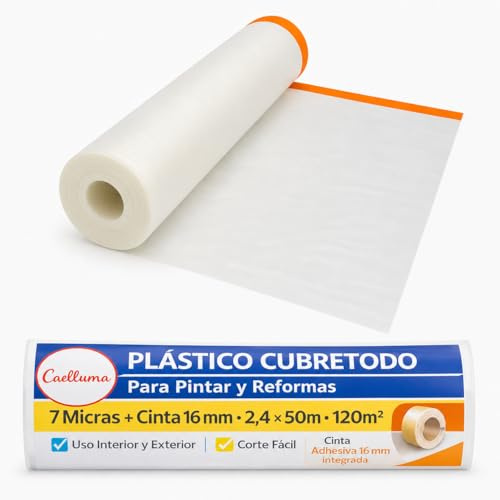 Plástico Cubretodo con Cinta Adhesiva 2,4x50 m · Rollo Protector para Pintar Techos Paredes Puertas y Ventanas · Enmascarado Rápido para Obras Reformas Bricolaje Hogar y Pintura