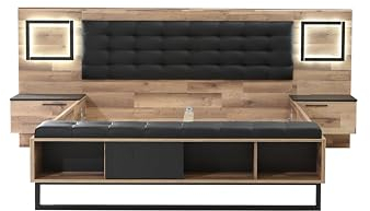 Forte Sirius Crown Bett 290, modernes Doppelbett, Bett mit 2 Nachtkommoden, 1-türig, 2 Schubladen, Holzwerkstoff, Stabeiche/Schwarzeiche Holzdekor, 287,0 cm breit x 119,7 cm hoch x 234,7 cm tief