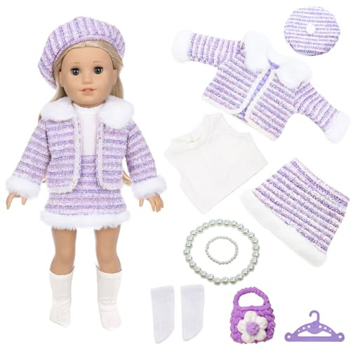 Ropa de ropa para muñecas de 14 a 17 pulgadas, ropa de muñecas de 36 a 43 cm, 9 unidades, color morado, juego de chaleco, abrigo, boina, calcetines, bolsa, collar, pulsera, percha, regalo de