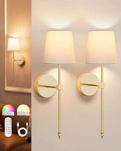 rhinowisdom Battery Operated Wall Lights Set of 2, 5200mAh Rechargeable Wall Lights, 15-Color Dimmable Magnetic Detachable Bulbs with Remote Control for Bedroom, Living Room, Hallway