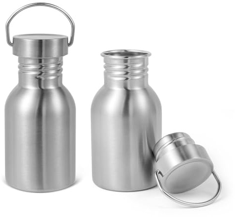 Volhoply 380 ml icke-isolerad vattenflaska 2-pack, rostfritt stål återanvändbar vattenflaska med handtag, BPA-fri och plastfri metallflaska för camping, vandringsturer, cyklister