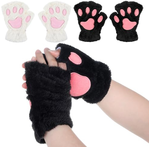 Aphumedc 2 Pair Cat Paw Gloves, Fingerless Furry Cats Paw Gloves Faux Fur Plush Glove Cute Bear Furry Paws Winter Warm Glove for Women Cosplay Costume Accessories - White & Black