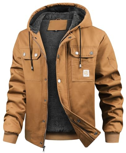 CARWORNIC Veste d'hiver pour homme avec doublure en polaire chaude et capuche – Parka cargo en coton – Veste utilitaire de randonnée, kaki, XL