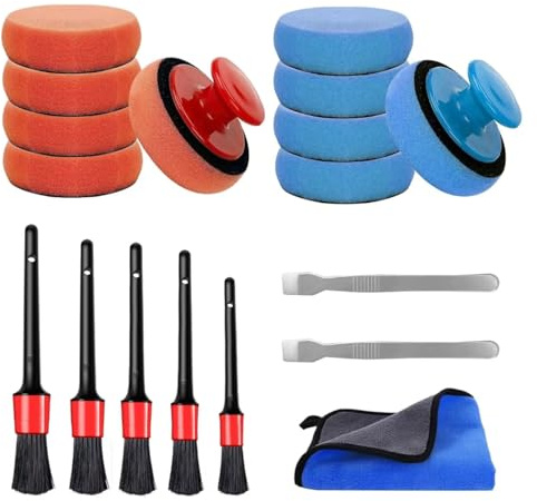 QingWing Set di 10 Spugne Lucidanti per Auto, 90 mm Spugne Lucidatura, con Manico Asciugamano, Raschietto e Spazzola per Lucidatura Auto, Ceratura, Pulizia Veicoli, Cura Esterna ed Interna