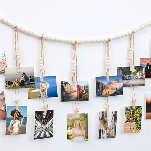 TILONKJ Cordino per Foto con Clip in Legno, Sistema per Appendere Cartoline Fotografiche Cornici, Cornici Fai da Te Decorazione da Parete, Idee per Appendere Foto Tendaggio Fotografico con 18 Clip