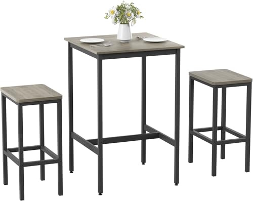 Elevon Long Bar Table Set with Bar Stools, Dining Table and Chair Sets, Industrial Tall Coffee Table and Back Chair for Kitchen, Living Room, Party Room, Pub, Rustic Gray